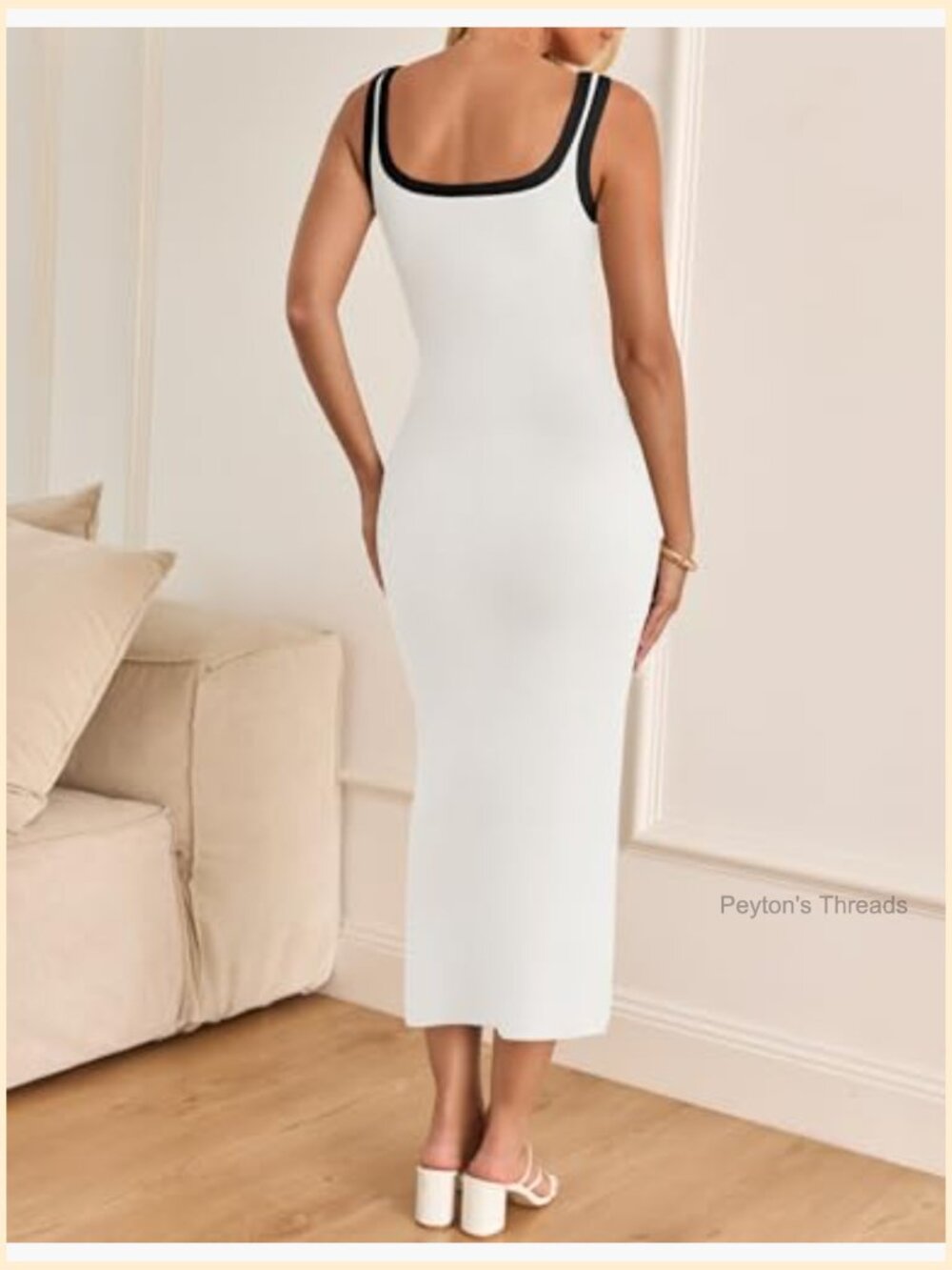Sleeveless Square Neck Side Slit Knit Bodycon Midi Dress Summer Vacation Beach - Picture 6 of 7